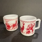 2 Vintage 50s Hazel Atlas Milk Glass Mugs Circus Clowns Donkey Children's Cup