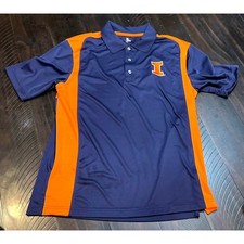 Majestic Illinois Fighting Illini Polo Mens Medium Blue Orange Excellent NCAA