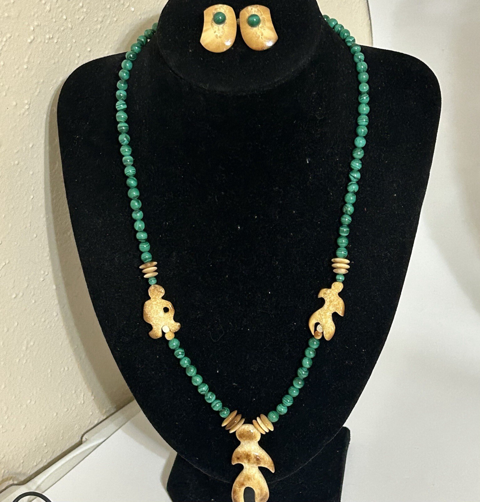 RARE!!! 14k Figurine Malachite Necklace & Matching Convertible Earring Set