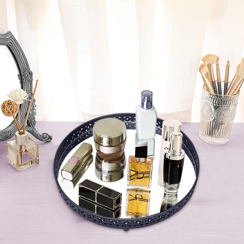Grey Metal Round Candle Mirror Base Glass Serving Tray Makeup Vanity Organizer - Picture 3 of 11