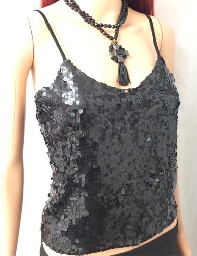 Black Sequin Camisole Spaghetti Straps Back Zipper By Marcia Modenese Top Sz M