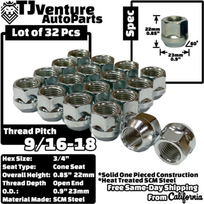 32Pc Chrome 9/16-18 Acorn Open End Lug Nut 3/4
