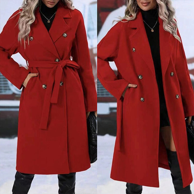 Lapel Double-breasted Trench Coat With Belt Winter Solid Color