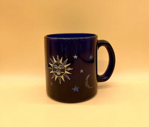 MCM VTG USA Libbey Cobalt Blue Glass Celestial Moon & Stars Mug / Cup Friends