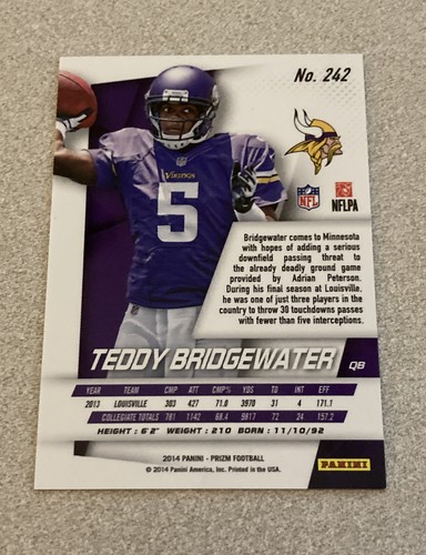 2014 Panini Prizm RC #242 Teddy Bridgewater Vikings - Picture 2 of 2