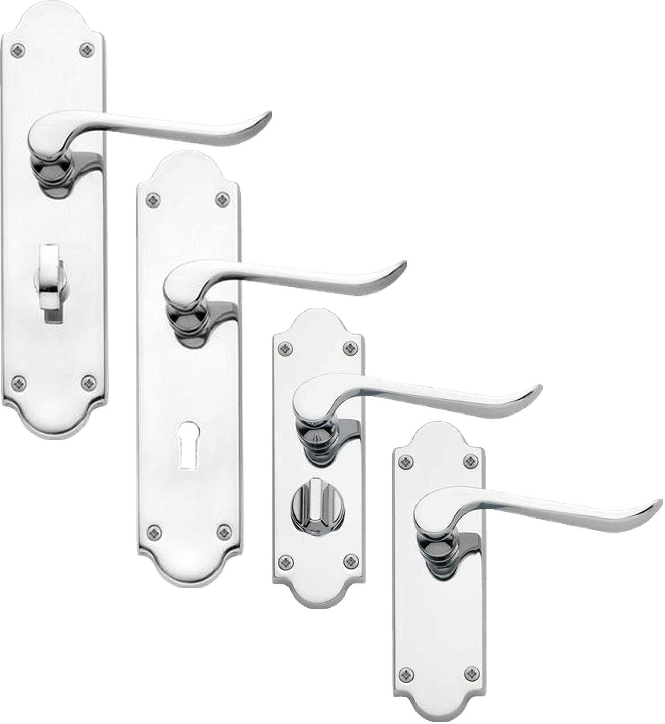 Howdens Bertelli Chrissi Shaped Lever Door Handle Sets Polished Chrome