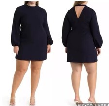 Eliza J Mock Neck Long Sleeve Crepe Shift Short Dress Navy Blue Women Size 12