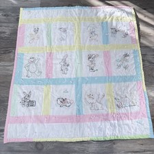 Vtg Signed Handmade Baby Blanket Quilt 45  x 50  Embroidered Famous Cartoons