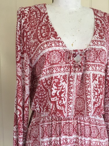 DRESS Mini Long sleeve Pockets Tigerlily Sz 8 Elastic waist V-neck Red White - Picture 2 of 8