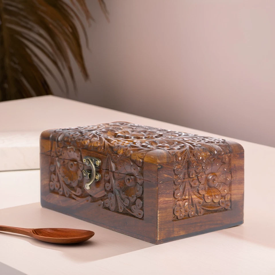 Set of 3 Carved Wooden Boxes – Handmade Floral Design, Elegant Storage - Image 4 of 4