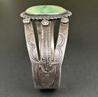Silver Cuff Bracelet 6-5/8” 32g #180 1930s Navajo Green Turquoise Stamped Coin