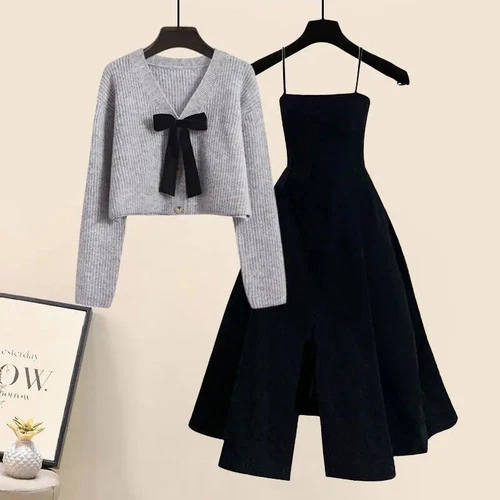 Winter Women's Set Knitted Sweater Strap Autumn Skirt Women's Two Piece Set - Picture 2 of 28