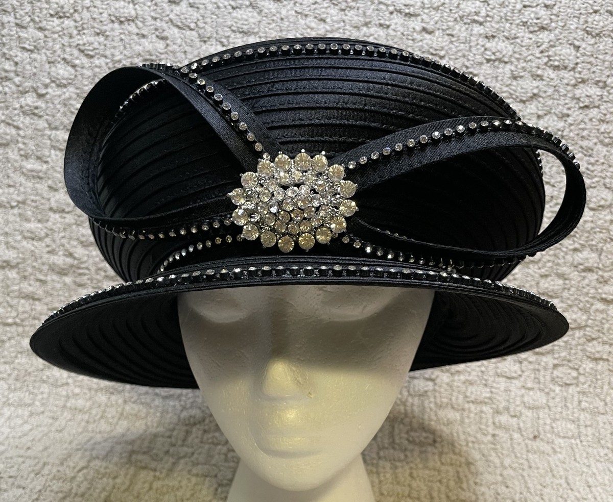 Fine Millinery Black Wool Wide Brim‎ Derby Hat with Rhinestone Bow Black Wide Brim Dress Hat Rhinestone Band Tulle Bow Church  main image 3