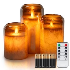 LED Candle Set of 3 Mirrored Glass Frosted Wax 3D Wick Battery Operate w/Remote