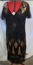 Black 1920s Style Gold Sequined Midi Dress 3XL Fringed Hem Glam Beaded Flapper