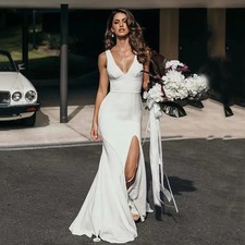 VNeck Wedding Dresses SideSplit Backless covered buttons Wedding reception Dress