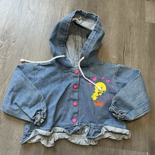 Vintage Tweety Bird Girls Denim Crop Jacket Ruffle Size 5 With Hood looney tunes