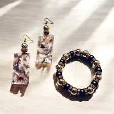 Gold, Silver, Crystal and Resin Earrings And Bracelet Set