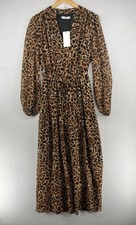 MNG SUIT MANGO Dress 8 L Leopard Midi Chiffon Shirred Tie Waist Lined Brown NEW