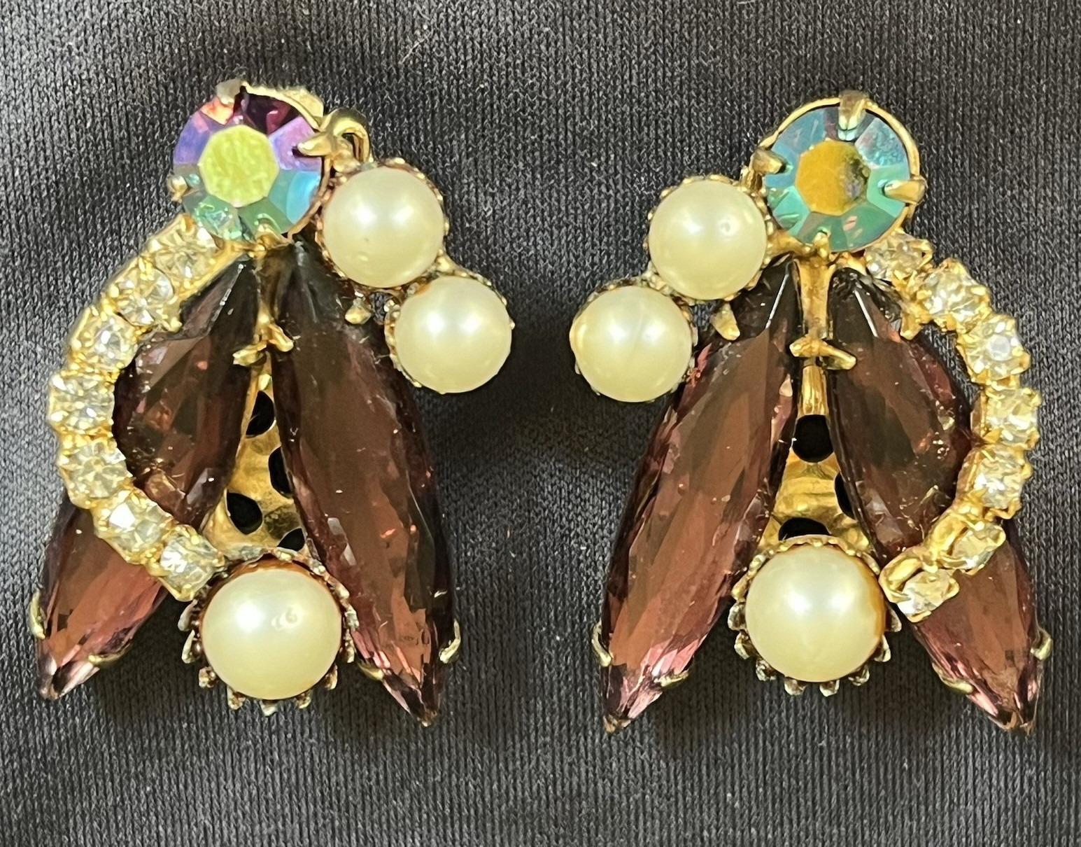 Gold Tone Leaf Clip-On Earrings Purple Marquise Crystal Faux Pearl Rhinestone