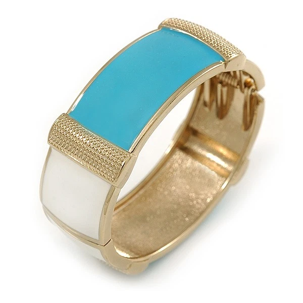 OFF WHITE Light Blue Off White Enamel Oval Hinged Bangle Bracelet In G Tone Metal 