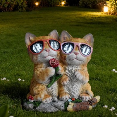 Katze Solar Statue Harz Garten Ornament Blinzelnde Augen Skulptur Outdoor Figur für