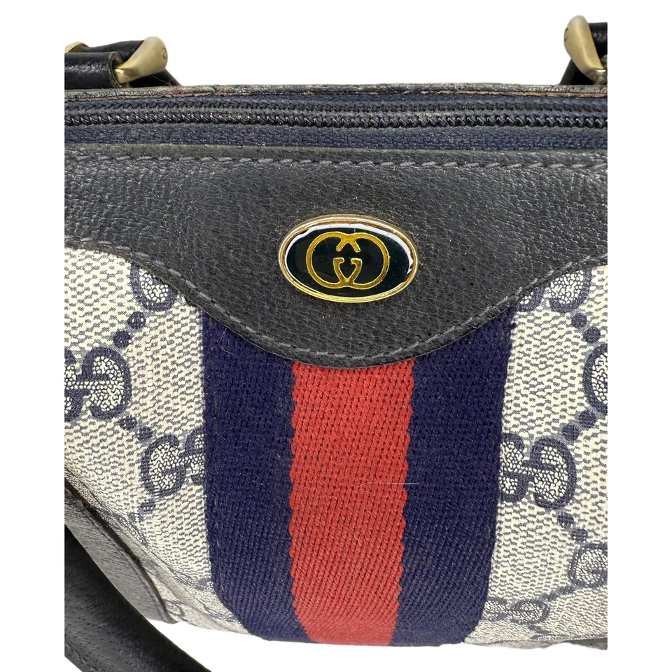 Bolso Gucci Boston para mujer azul gris vintage monograma tela rayas asa superior Foto 2 de 4