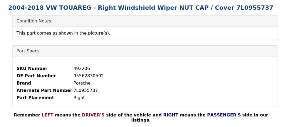 VW TOUAREG 2004-2018 - Limpiaparabrisas derecho tapa tuerca/cubierta 7L0955737 Foto 4 de 4