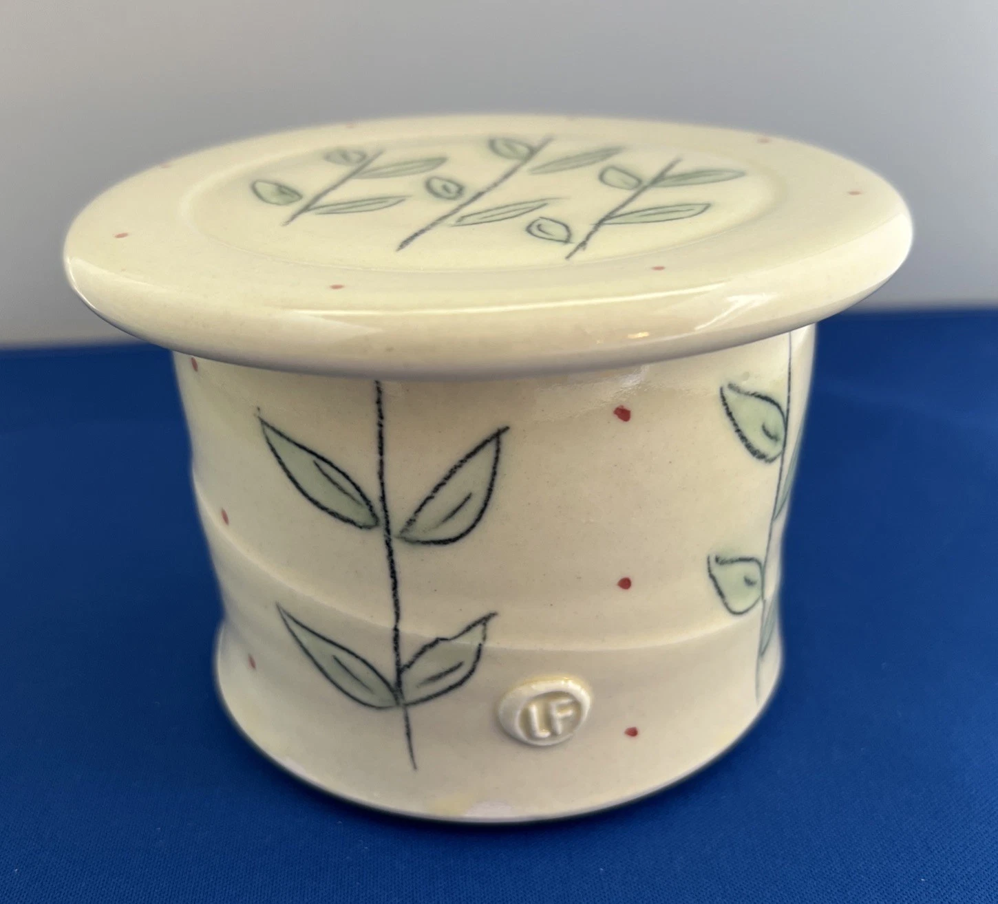 Lucy Fagella Pottery French Butter Crock Dish Cream/Green Floral Design