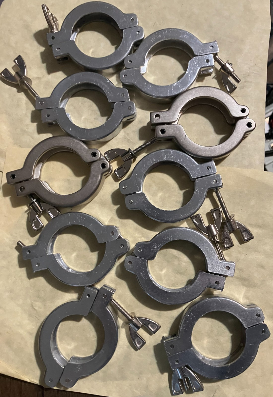 Lot of 10 used KF40 vacuum clamps Aluminum & stainless Good shape