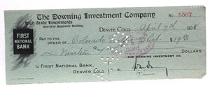 1908 DOWNING INVESTMENT CO DENVER, CO LARGE BRIGHT XF+ VERY NICE CRISP PAID