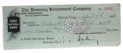 1908 DOWNING INVESTMENT CO DENVER, CO LARGE BRIGHT XF+ VERY NICE CRISP PAID