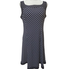 CHAPS Navy Blue and White Polka Dot Dress L Large A-Line Boatneck