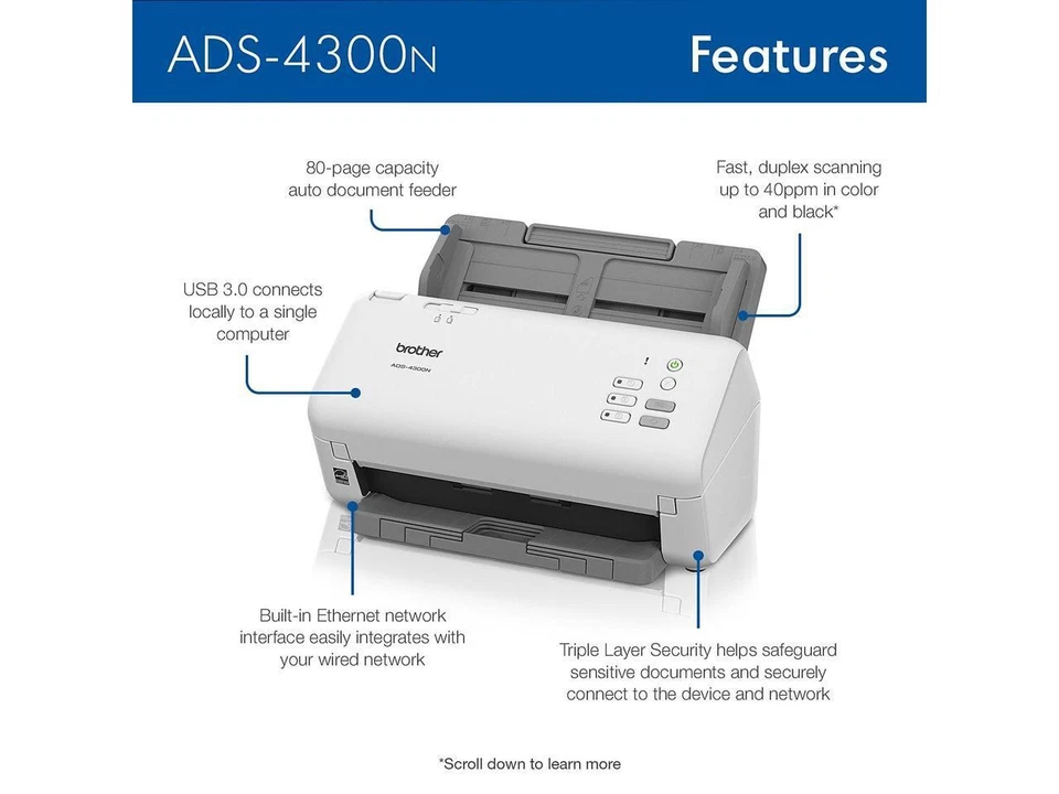 Brother ADS4300N 24 bit Dual CIS 600 x 600 dpi Sheet Fed Professional Desktop - Image 3 of 4