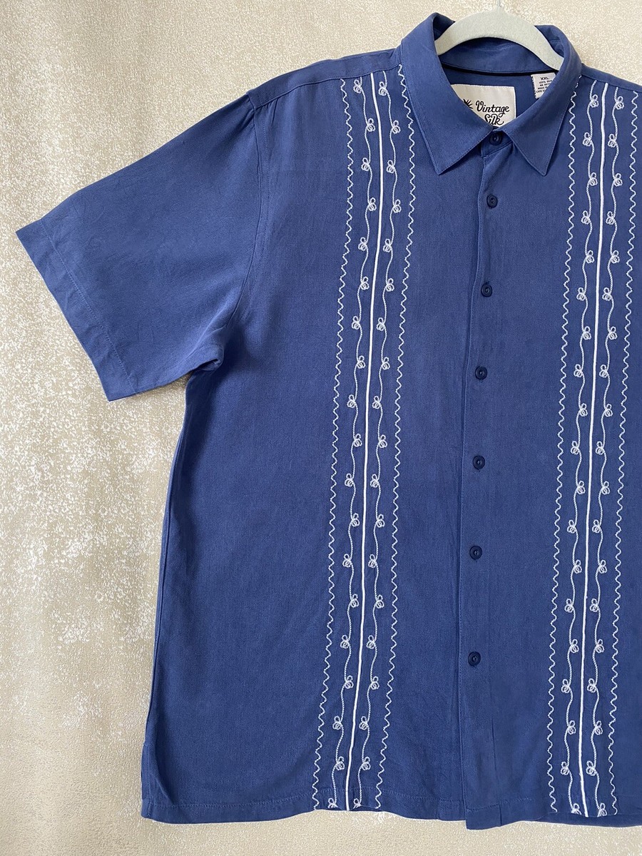KING SIZE 半袖シャツ 5XL USED Vintage Silk CIRCA 1969 Men's Short Sleeve Blue Embroidered