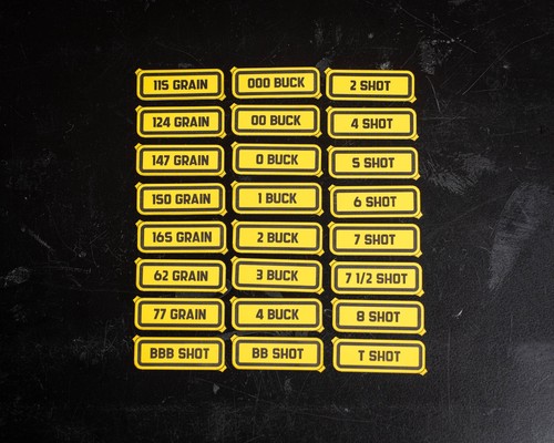 Munitionsdosen Etikett Aufkleber Korngewicht / Schussgröße - 115 124 147 55 62 77 Korn + - Bild 4 von 6