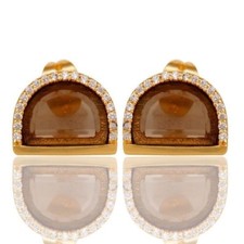 Smoky Quartz CZ Gemstone Gold Plated 925 Sterling Silver Stud Earrings Jewelry