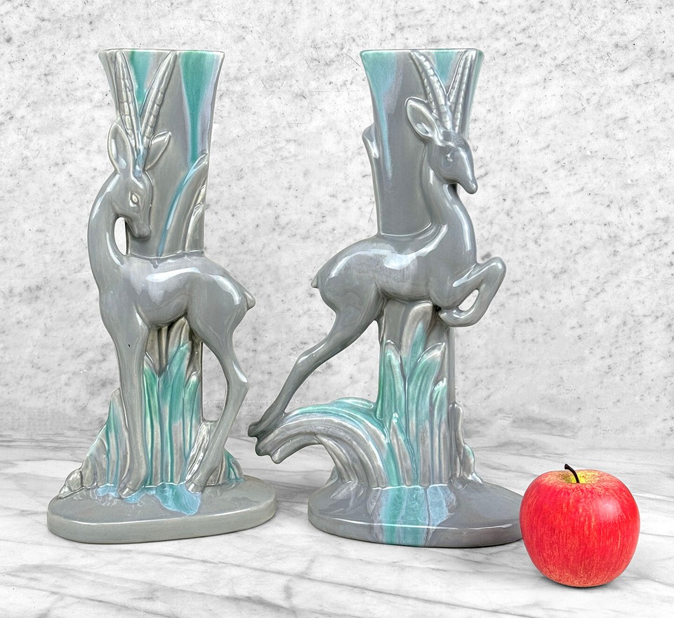 MidCentury Art Deco Gray Drip Glaze Porcelain Gazelle Vase A Pair eBay