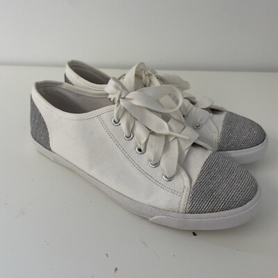 Carvela White Silver Lace Up Casual Trainers Pumps Canvas Glitter