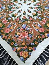 Russian Style Pavlovo Posad Vintage Wool Shawl Lily Shabby Chic Silk Fringe 115