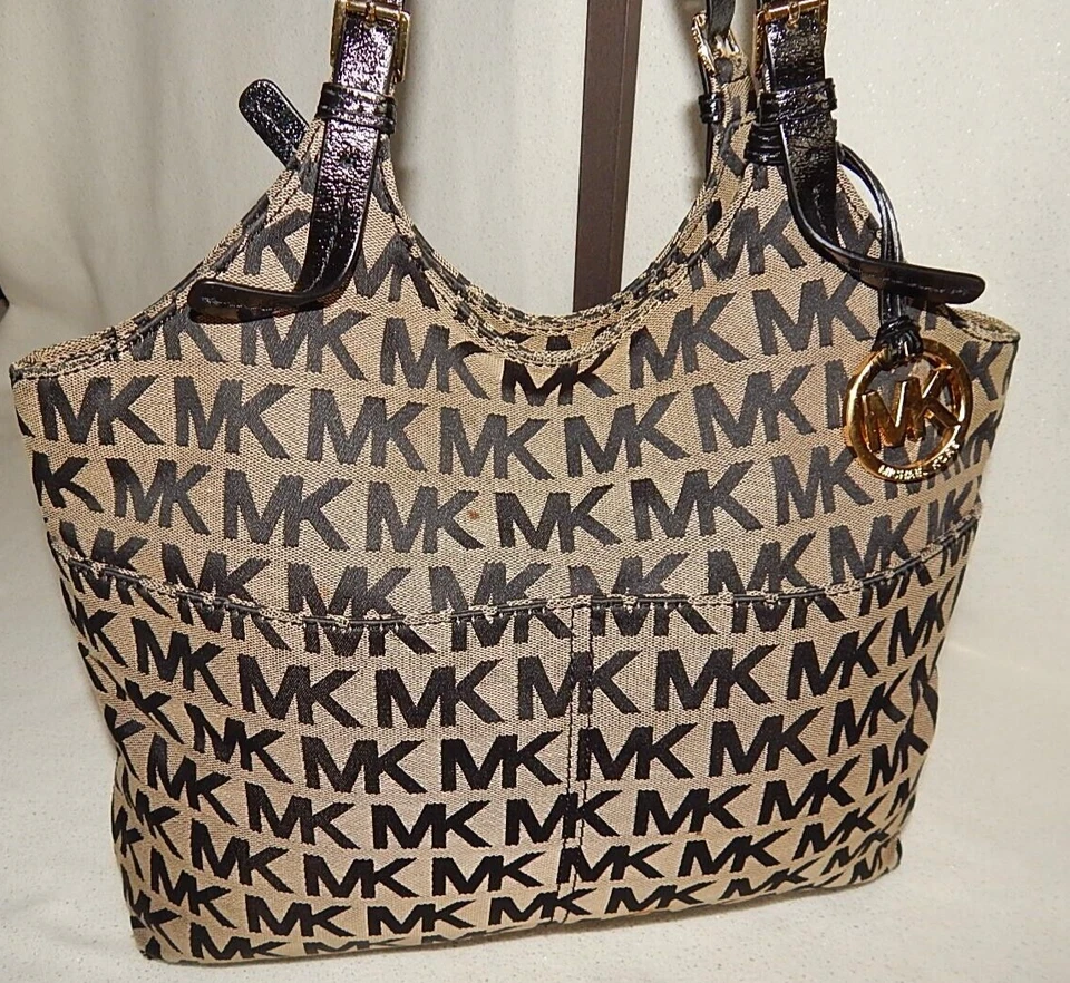 Michael Kors Handbag Purse E-1106 Hobo Tote MK Khaki Tan Black Leather Bag - Image 2 of 4