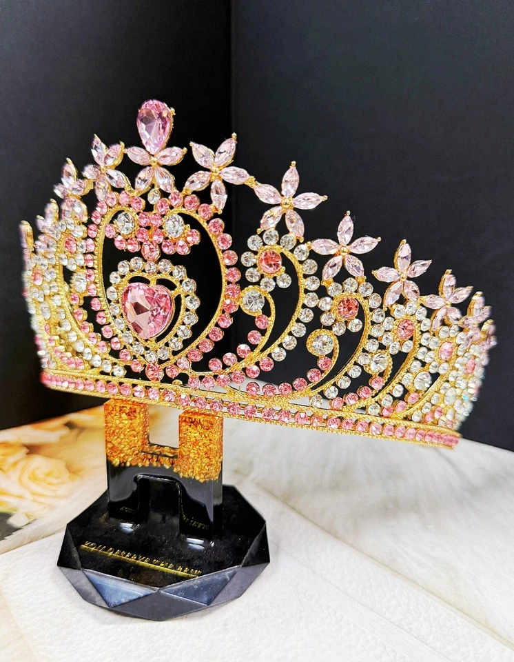 Tiara corazón cristal, tiara dorada, tiara piedra rosa, tiara nupcial, corona cumpleaños Foto 4 de 4