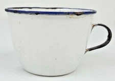 Vintage Ker Sweden 7 CM White and Blue Rimmed Enamel Child's Tea Cup Rustic