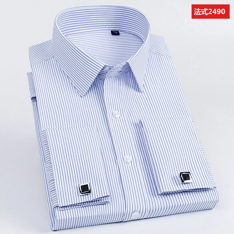 Mens Dress Shirts The White Collar Luxury Slim Fit French Cuff Formal Shirts Top - Image 3 of 4