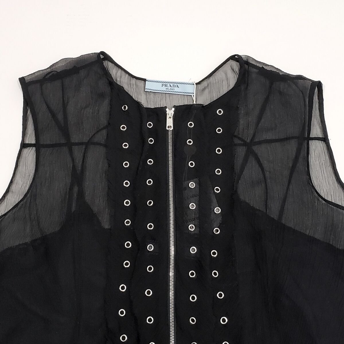 PRADA P32T2R-S161 Stud Embellished Sheer Chiffon Mini Dress PRADA P32T2R-S161 Stud Embellished Sheer Chiffon Mini Dress