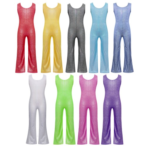 Kids Girl's Bodysuit Workout Rompers Gymnastics Leotard Metallic Jumpsuit Stage - Picture 5 of 92