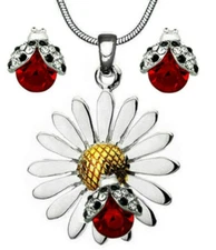 Daisy Flower Ladybug Pendant Necklace Earrings Set with 21" Chain Gift Boxed