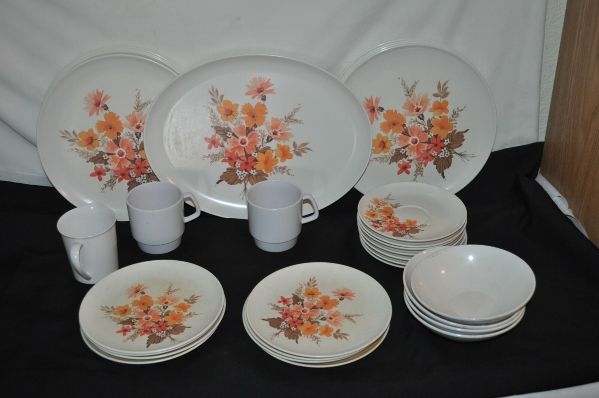 Vintage MELMAC MELMINE 31 pc ORANGE platter cups plates bowls