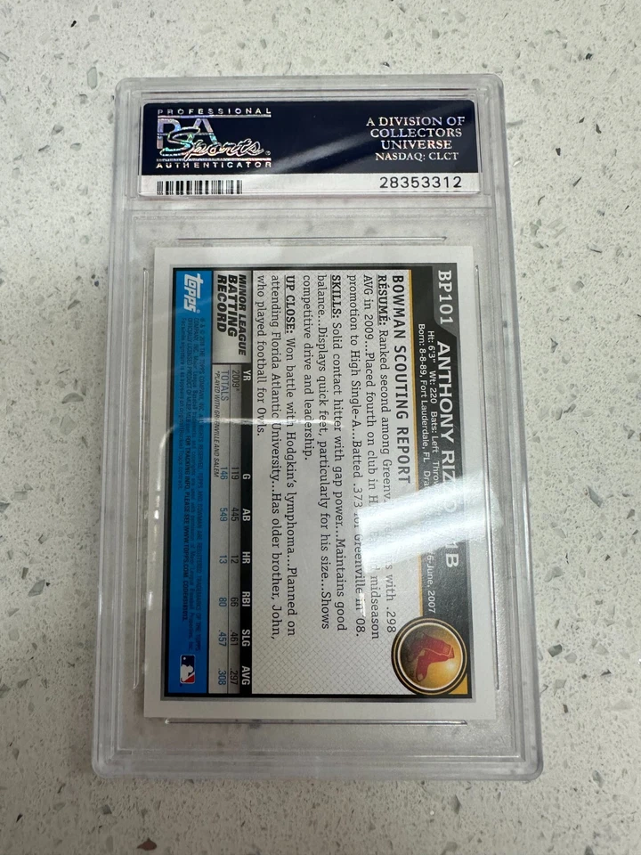 Anthony Rizzo PSA Gem Mint 10 Bowman Rookie Card 2010 BP101 Boston Red Sox RC - Image 2 of 2