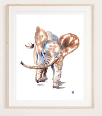 Watercolour Cute Baby Elephant Painting Print from Original by ili